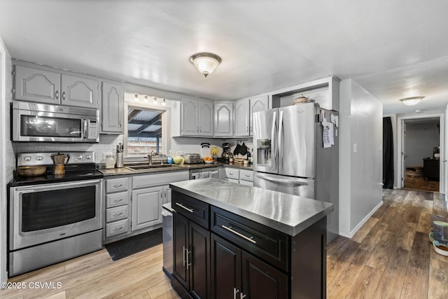 kitchen with a kitchen island, sink, decorative backsplash, stainless steel appliances, and light wood-type flooring