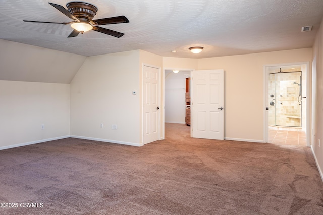 additional living space featuring vaulted ceiling, carpet flooring, baseboards, and a textured ceiling