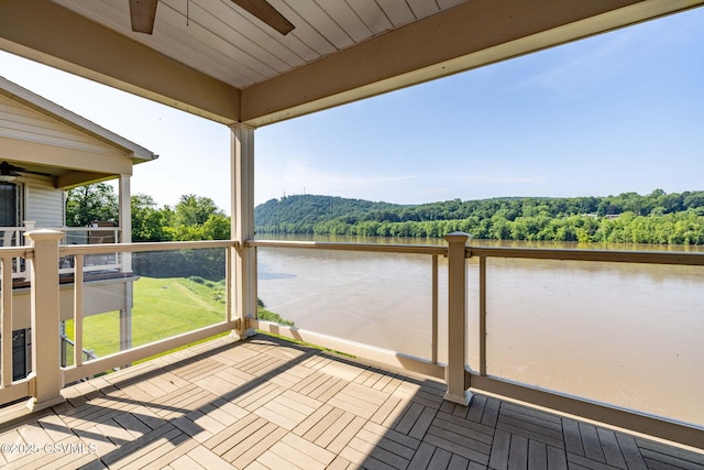 118 Jacobs Landing Way, Danville, PA 17821 - wooden terrace with a water view, ceiling fan, and a wooded view