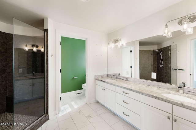 118 Jacobs Landing Way, Danville, PA 17821 - bathroom featuring double vanity, marble finish flooring, and a shower stall