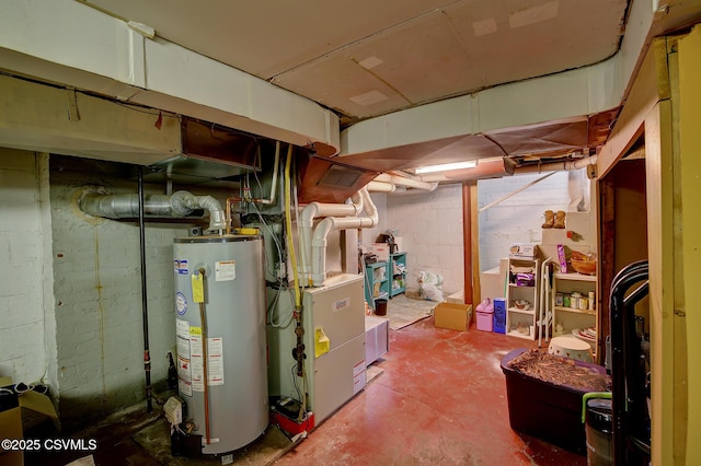 unfinished below grade area featuring heating unit and gas water heater