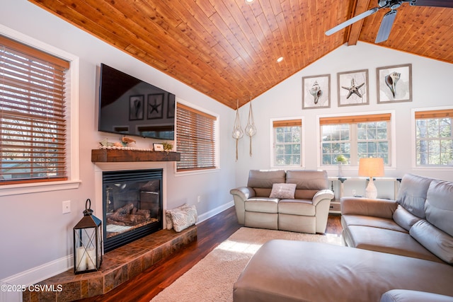 living room with a healthy amount of sunlight, wood ceiling, wood finished floors, and a glass covered fireplace