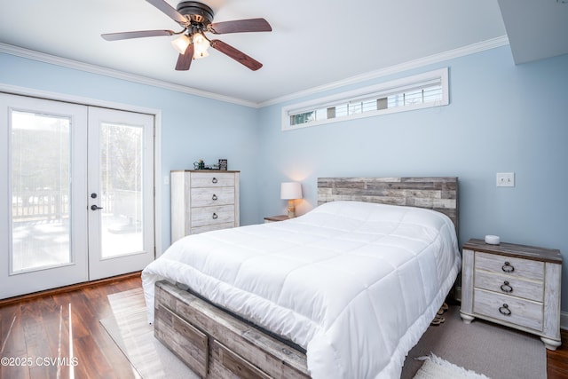 bedroom with access to outside, french doors, wood finished floors, and crown molding