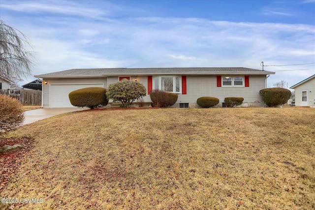 single story home with a garage, driveway, a front lawn, and fence