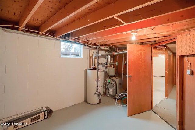 basement with gas water heater and a heating unit