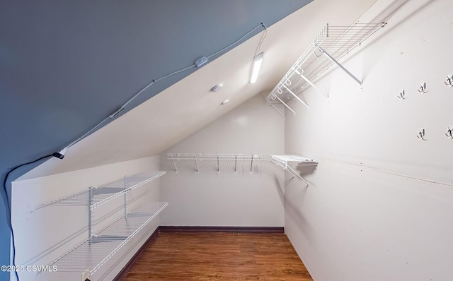 walk in closet featuring vaulted ceiling and wood finished floors