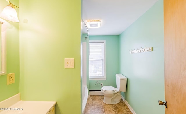 bathroom featuring baseboards, toilet, a baseboard radiator, tile patterned flooring, and vanity