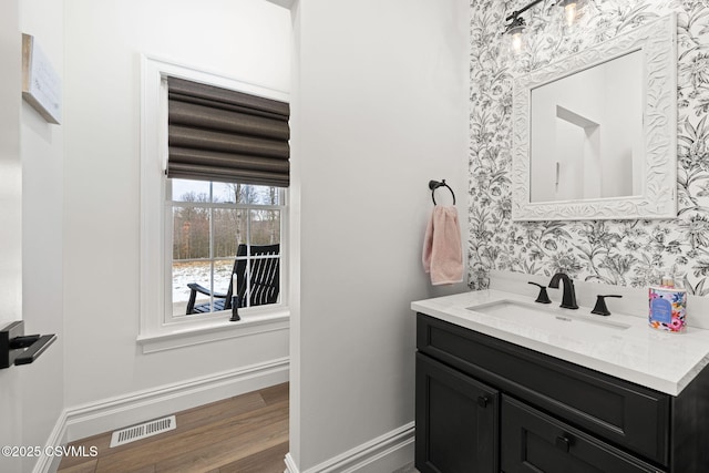 bathroom with hardwood / wood-style flooring and vanity