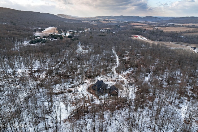 snowy aerial view with a mountain view