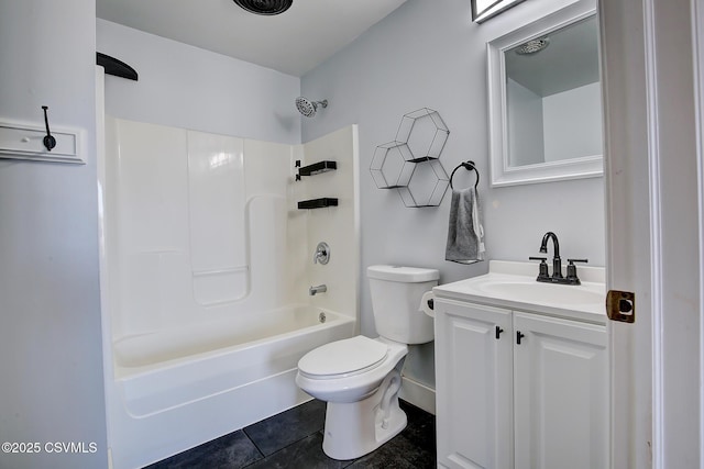 full bathroom with toilet, tile patterned flooring,  shower combination, and vanity