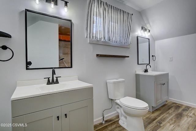 bathroom with wood finished floors, two vanities, a sink, and toilet