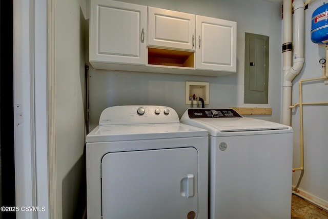 laundry room with washing machine and dryer, electric panel, and cabinet space