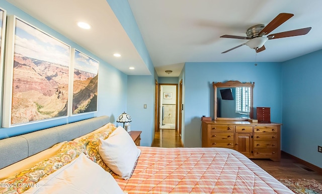 bedroom with visible vents, a ceiling fan, wood finished floors, and recessed lighting