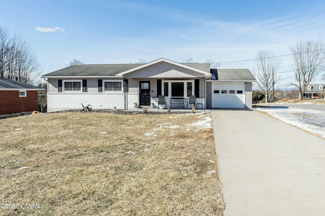 ranch-style home with an attached garage, covered porch, brick siding, driveway, and a front lawn