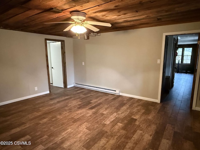 empty room with ceiling fan, wooden ceiling, a baseboard heating unit, baseboards, and dark wood-style floors