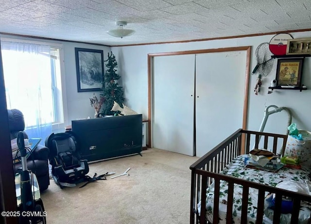 bedroom with carpet, a textured ceiling, and crown molding