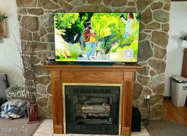 interior details with a fireplace