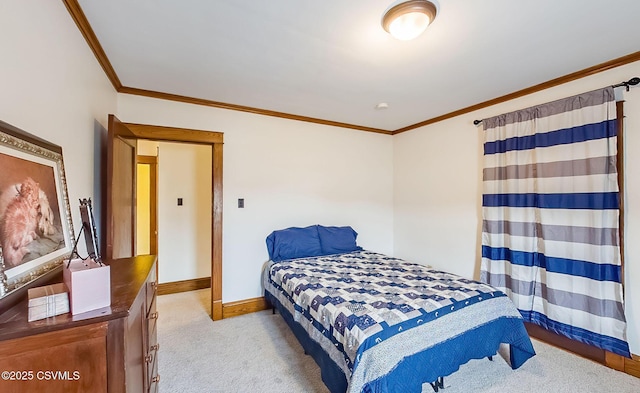 bedroom featuring carpet floors, baseboards, and ornamental molding