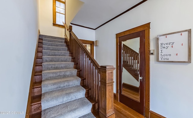 stairway with crown molding and wood finished floors