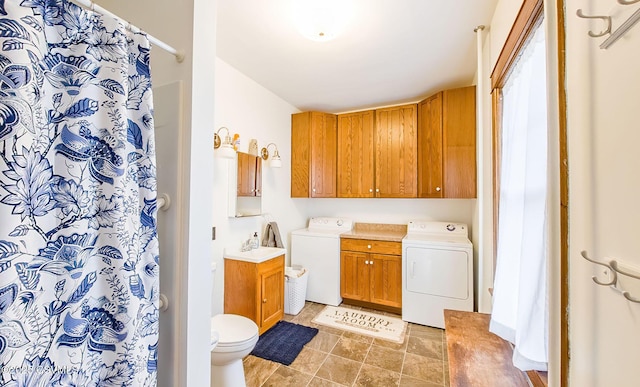 bathroom featuring toilet, tile patterned flooring, a shower with shower curtain, and vanity