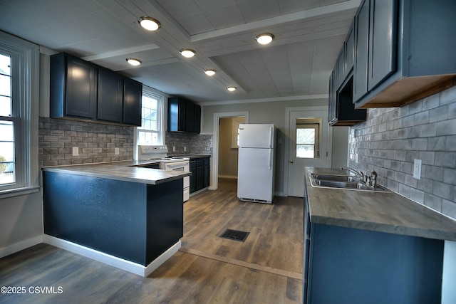 kitchen featuring dark wood-style flooring, visible vents, a sink, white appliances, and a peninsula