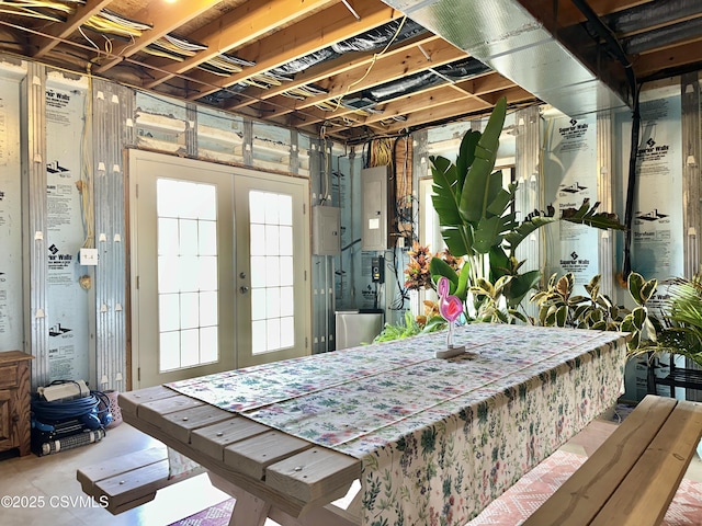 basement featuring french doors and electric panel