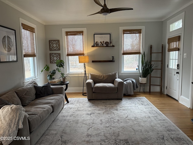 living room with a wealth of natural light, crown molding, and wood finished floors