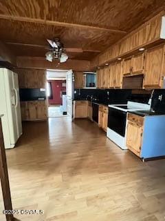 kitchen with ceiling fan, wood ceiling, electric stove, fridge with ice dispenser, and dark countertops