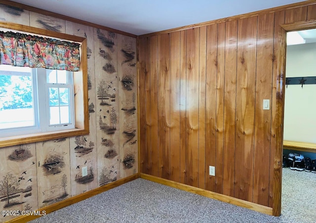 empty room featuring wood walls, baseboards, and carpet flooring