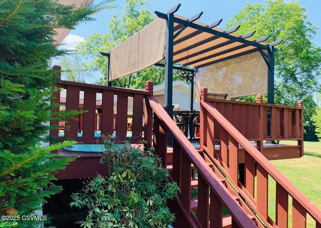 wooden terrace featuring a lawn and a pergola