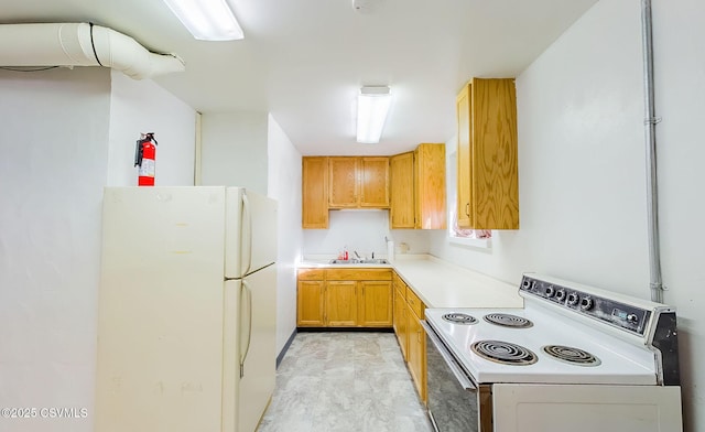 kitchen with white appliances, light countertops, and a sink