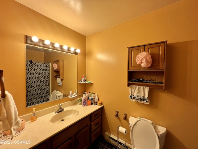 bathroom featuring a baseboard radiator, a shower with shower curtain, vanity, and toilet