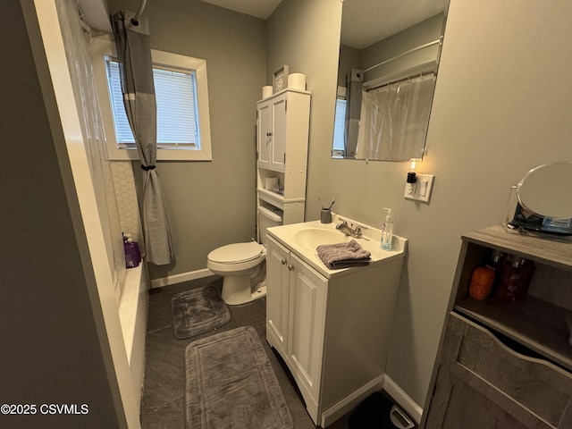 full bath featuring tile patterned flooring, toilet, vanity, baseboards, and shower / bath combination with curtain