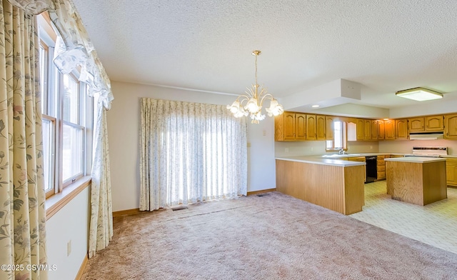 kitchen featuring a sink, light countertops, stove, under cabinet range hood, and light carpet