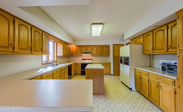 kitchen featuring range with electric cooktop, light floors, dishwasher, light countertops, and white fridge with ice dispenser