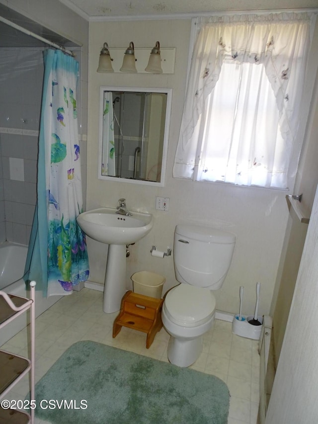 349 W 2nd St, Mount Carmel, PA 17851 - bathroom featuring toilet, ornamental molding, a sink, and shower / bath combo