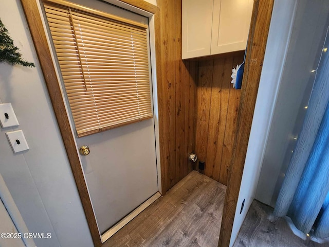 washroom featuring wooden walls and wood finished floors