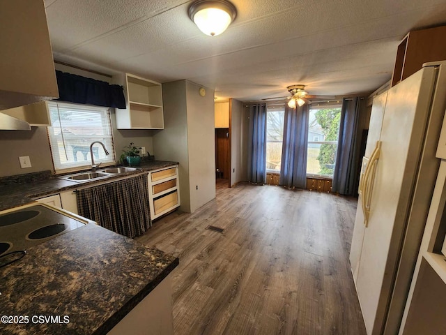 kitchen with dark countertops, wood finished floors, a wealth of natural light, and a sink