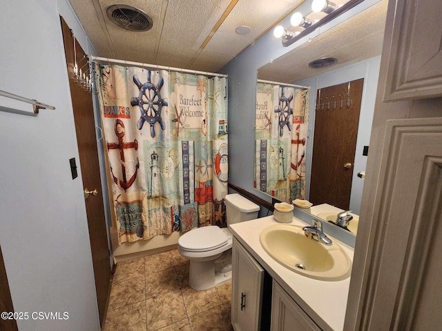 full bath with visible vents, toilet, tile patterned floors, vanity, and shower / bathtub combination with curtain