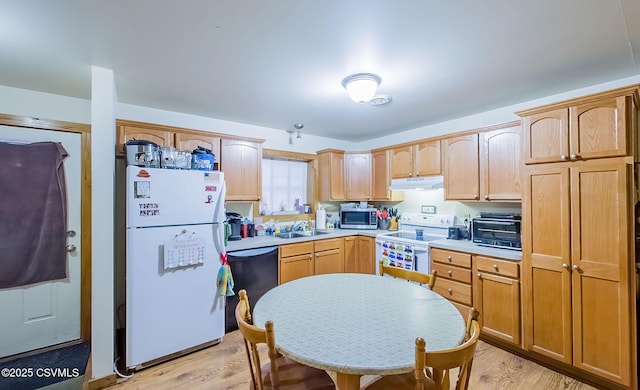 kitchen with under cabinet range hood, a toaster, light wood-type flooring, white appliances, and a sink