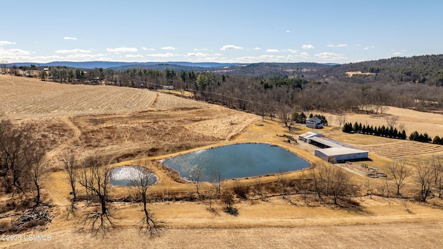 aerial view featuring a water and mountain view and a rural view