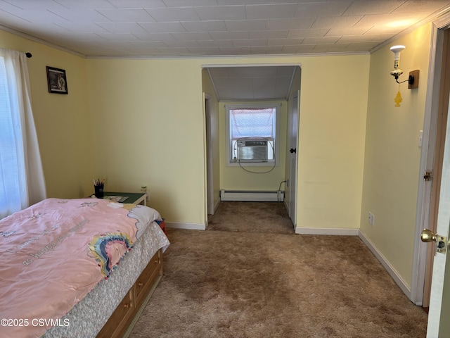 unfurnished bedroom with cooling unit, baseboards, baseboard heating, and carpet flooring