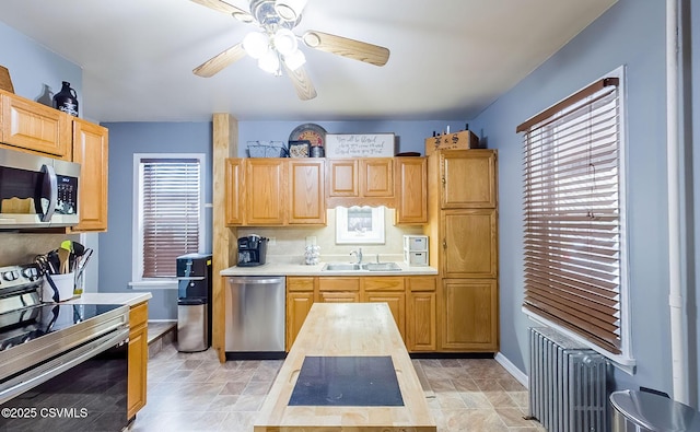 kitchen featuring light countertops, plenty of natural light, stainless steel appliances, a ceiling fan, and a sink