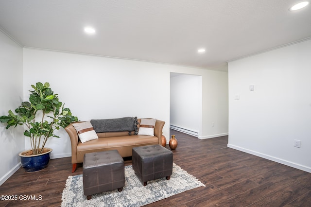 sitting room featuring a baseboard heating unit, baseboards, ornamental molding, recessed lighting, and wood finished floors