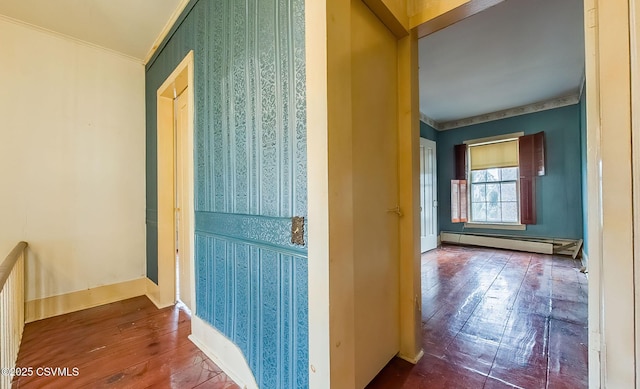575 Crestwood Dr, Bloomsburg, PA 17815 - corridor featuring wallpapered walls, a baseboard radiator, crown molding, and hardwood / wood-style flooring