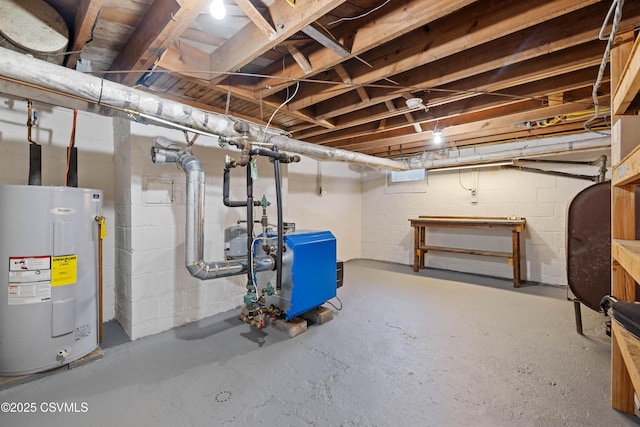 unfinished basement with heating fuel, a heating unit, and electric water heater