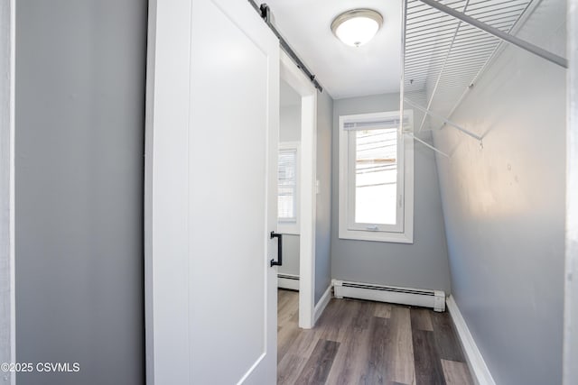 spacious closet featuring a barn door, wood finished floors, and a baseboard heating unit