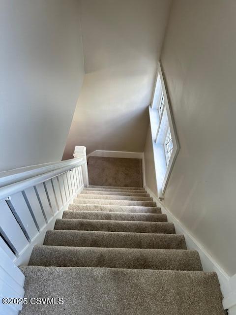 stairs featuring carpet and baseboards