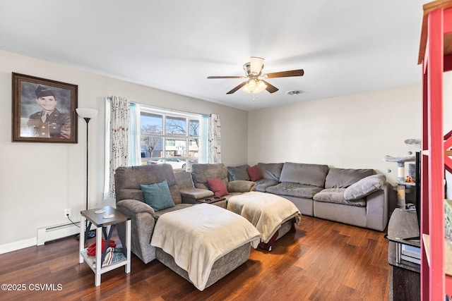 living room featuring visible vents, dark wood finished floors, a baseboard radiator, baseboards, and ceiling fan