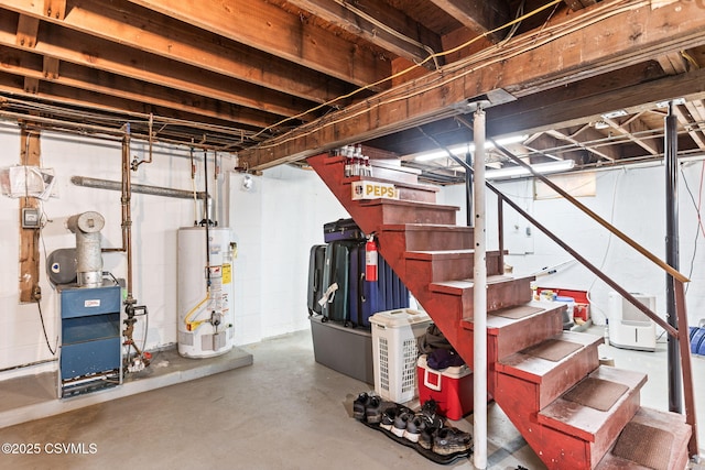 unfinished basement with gas water heater, stairway, and a heating unit